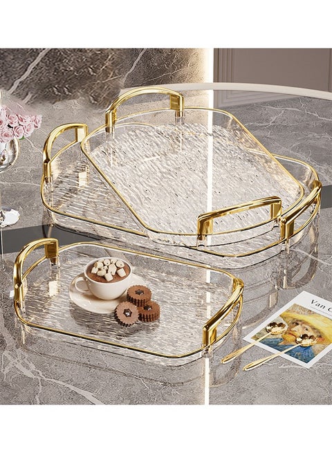 3 PCS Clear Serving Tray, With Polished Metal Handles, Serving Plate, Wavy Pattern Clear Tray, Spill-Proof Tray, Decorative Serving Tray for Coffee Table, Tea, Storage